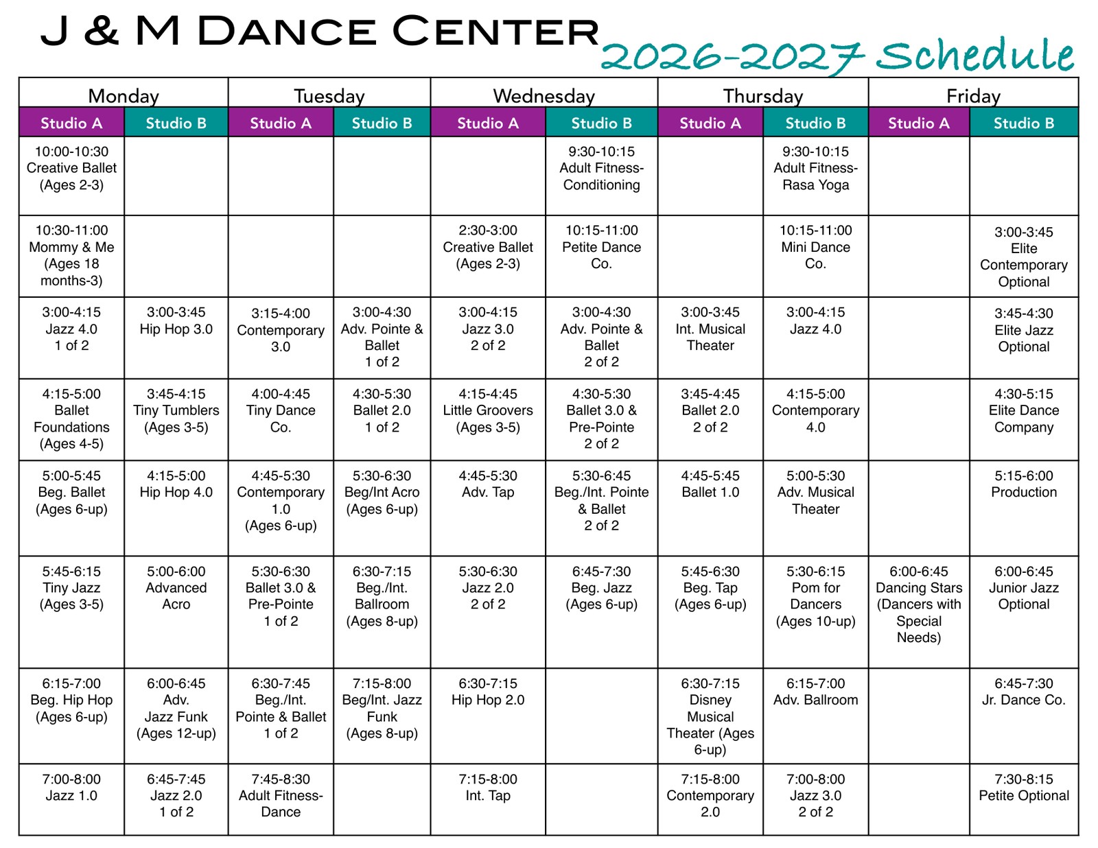 J&M Dance Center 2026–2027 weekly class schedule