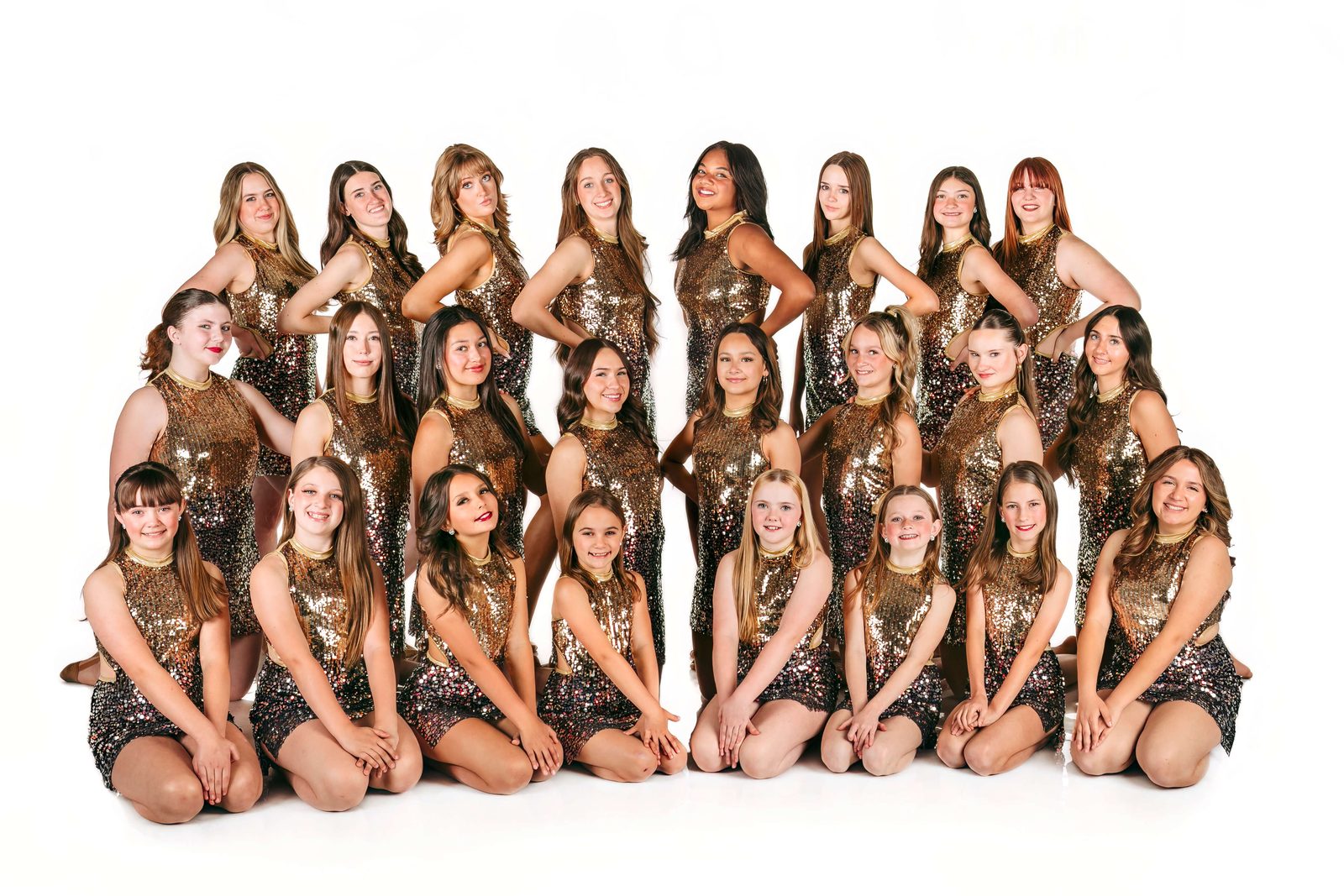 The J&M Dance Company in gold sequin costumes